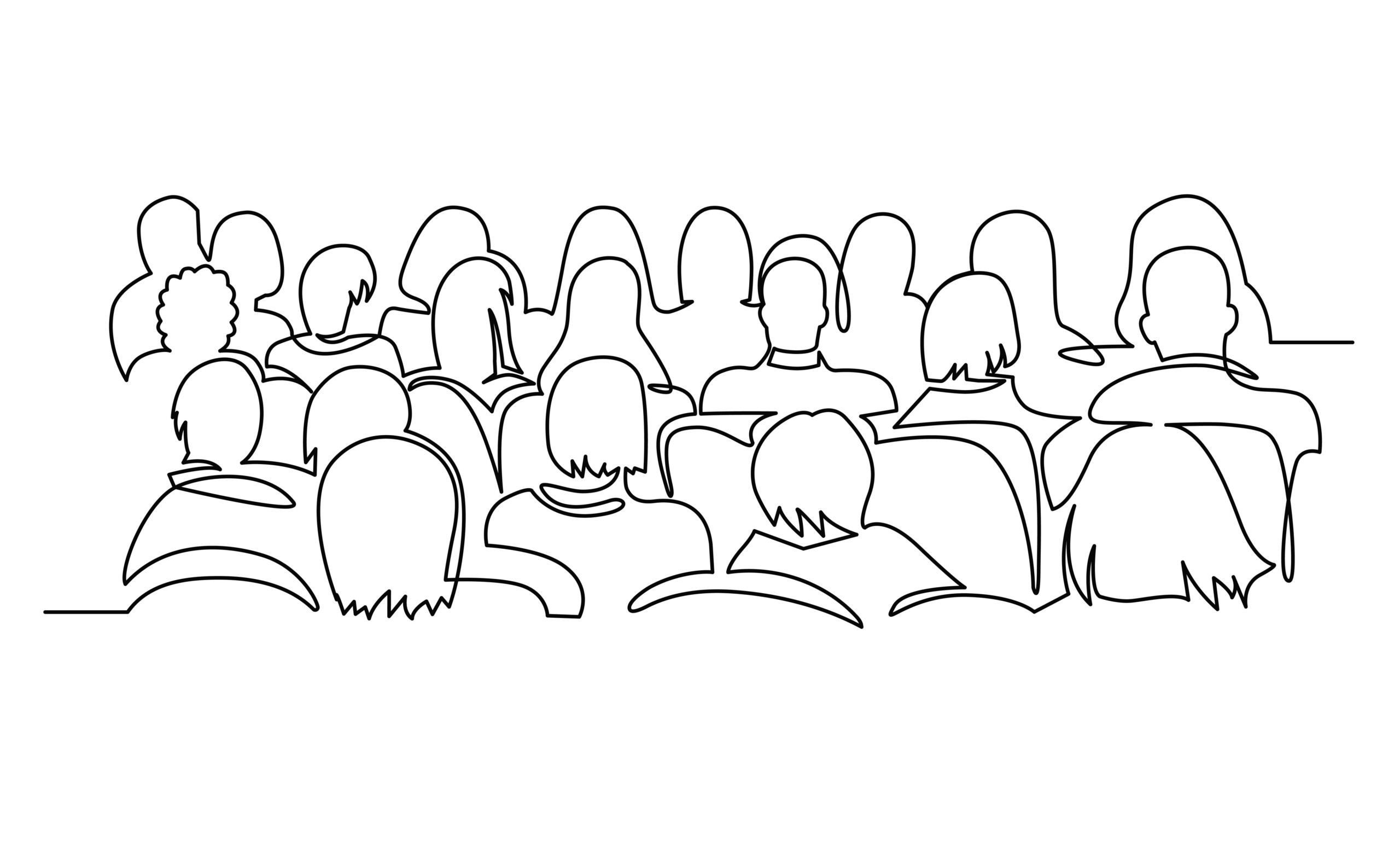 Continuous Line Drawing of Vector illustration character of audience in the conference hall background with blank space for your text and design. Outline, thin line art, hand drawn sketch